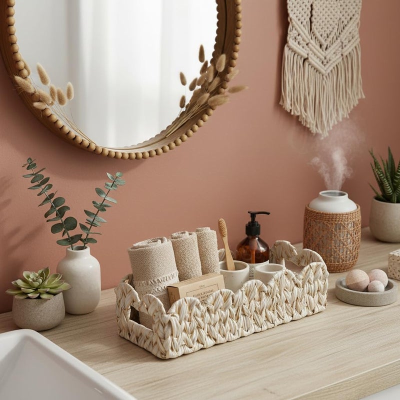 Coeusy Scalloped Toilet Paper Storage Basket,Boho Small Bathroom Basket,Wicker Decor Baskets for Bathroom,Bedroom,Living Room,Coastal Bathroom Decor Accessories - Image 3
